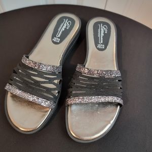 Lara Collection by Italy‎ Black Flat Slide Sandals Women's 10 Crystal Accents